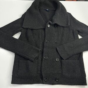 GAP Y2K Women’s Dark Gray Cardigan with Cowl Neck or Chunky Collar, size medium.
